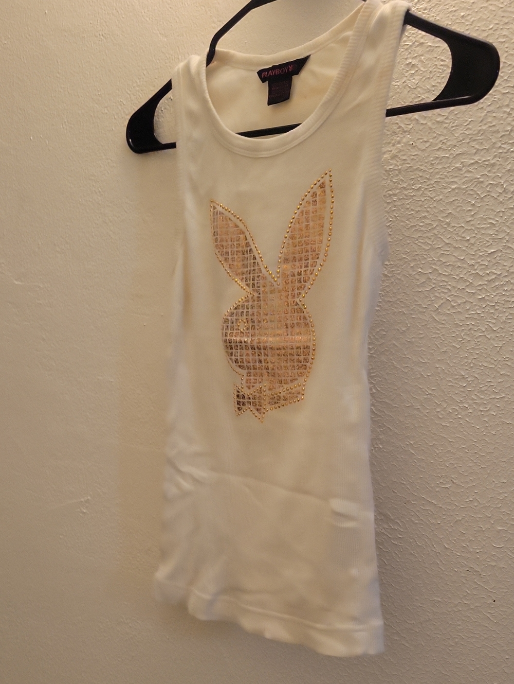 Vintage Y2K PLAYBOY White Tank with Gold Sequin Bunny